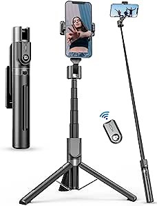 Rechargeable Aluminum Alloy Selfie Stick Tripod - 1.1m/43" Telescopic Rod Compatible with iPhone, Android