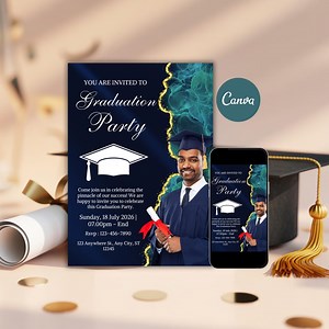 Graduation Party Invitation Template | Editable Canva Grad Invite | Photo Graduation Flyer | Modern Gold & Navy Digital Download - Etsy
