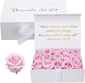 Scripture Gift Box Sets 15 Pcs Artificial Pink Roses in a Box, Fake Roses Flower Gift Forever for Couples Women Mother Her on Holidays Wedding, Proverbs 31: 29
