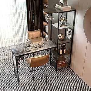 QNICE LED Lights Bar Table with Shelves/Modern Kitchen Counter Height Dining Table/Lounge or Dining Room Storage Pub Table/Dark Rustic Oak/Easy Assembly