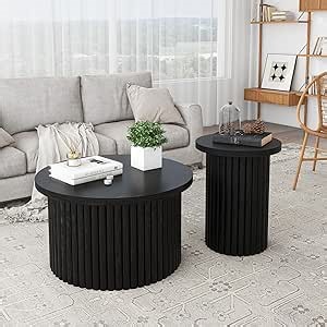 Round Coffee Table Set of 2, Modern Circle Nesting Tables with Wood Grain Vertical Stripe & Metal Frame, Wooden Fluted Circular Coffee and End Table Sets for Living Room Home Office, Black
