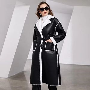 [Hot Item] High Quality Luxury Belted Turndown Collar Wholesale Customize Leather Fur Coat Women's Fur Long Leather Coat