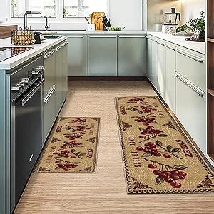Red Cherry Rug for Kitchen Sweet Fruit Pastoral Kitchen Rugs Vintage Rustic Country Kitchen Mats Non Slip Indoor Carpets, 16" x 24" + 16" x 48"