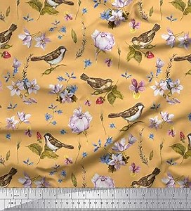 Soimoi Heavy Canvas Orange Fabric - by The Yard - 58 Inch Wide - Sparrow, Leaves & Flower Floral Print Material - Delicate and Graceful Patterns for Fashion and Home Printed Fabric