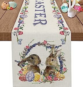 Easter Bunny Table Runner - Easter Rabbit Eggs Dresser Scarf Seasonal Spring Flowers Holiday Dining Table Runner for Party & Events (13 x 72 Inch)