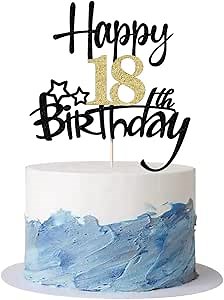 Kaoenla Black Gold Glitter Happy 18th Birthday Cake Topper - Hello 18/Cheers18，Happy eighteen Birthday Anniversary,18 years old birthday，18 & Fabulous Cake Topper Party Decor (18th)