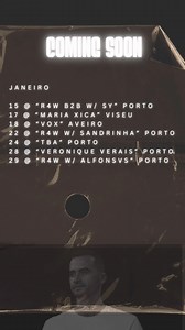 Primeiras paragens de 2025! Janeiro 15 @ “R4W b2b ALL NIGHT SET w/ @SY” PORTO 17 @ “MARIA XICA” VISEU 18 @ “VOX” AVEIRO 22 @ “R4W w/ Sandrinha” PORTO 24 @ “TBA” PORTO 28 @ “Veronique Verais” Porto 29 @ “R4W w/ Alfonsvs” PORTO | Pedro Tabuada