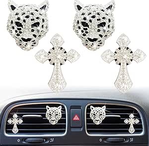 Bling Leopard & Cross Air Vent Clips - Crystal Cheetah Car Diffusers & Decor