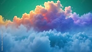 The clip begins with faint motion that swells until waves explode rainbow cloud fog against a glowing green background in perfect, drifting layers.