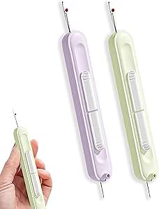 2 in 1 Needle Threader Seamless Ripper, Needle Threader and Seam Ripper Tool, Automatic Needle Threading Auxiliary Device for Hand Sewing, 2 Pack/Green + Purple