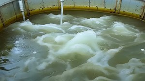 The intense bubbling action of the aeration tanks where oxygen is added to aid in the breakdown of contaminants..