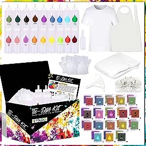 Tie Dye Kits for Kids and Adults with T-Shirt - 18 Colors Dye, 36 Colours Pigment. 5 Disposable Gloves, Apron, 80 Rubble Bands, Funnel, Spoon, Tablecloth, Spray Bottle