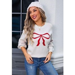 Ribbon Bowknot Pattern Jacquard Knit Sweater in White