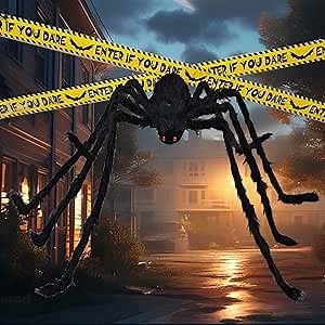 5 Ft Halloween Spider Set with Caution Tape - Adjustable Legs, Black Fur - for Indoor Outdoor Giant Spider Halloween Decorations