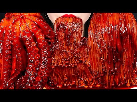 ASMR SPICY BLACK BEAN ENOKI MUSHROOMS OCTOPUS 짜장불닭 팽이버섯, 낙지 먹방 咀嚼音えのき MUKBANG ZOEY ASMR