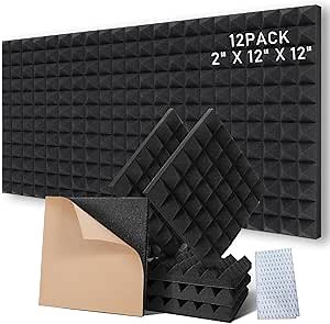 12 Pack 12 x 12 x 2 Inches Pyramid Designed Acoustic Foam Panels with Self Adhesive, Sound Proof Foam Panels Black, High Density and Fire Resistant Acoustic Panels, Studio Foam for Wall and Ceiling