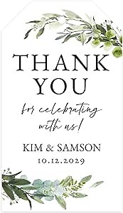 Personalized Greenery 100 Event Favor Tags/Elegant Custom Package Tags/Wedding Anniversary Thank You 2" x 3.5" Tag/Bridal Shower Special Event Favors/Made in The USA