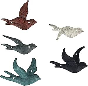 Zeckos Charming Set of 5 Coastal Coral Color Cast Iron Flying Birds Wall Sculptures: Rustic Country Decorative Accents for Bedrooms, Kitchens, Porches and Patios
