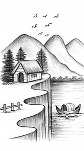 Beautiful Village scenery drawing by the River and Mountain #riverside #drawingtutorial #mountain #scenery | Tanvir Art Academy
