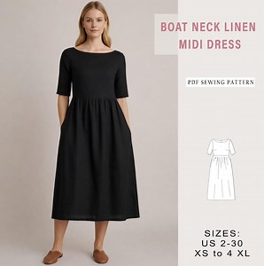 Boat Neck Linen Midi Dress, Linen Gathered Summer Dress Sewing Pattern, Empire Waist, Sundress Pattern, Milkmaid Dress, XS-4XL - Etsy