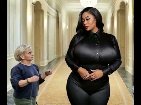 Busty amazon in black satin blouse groped by small lesbian