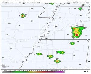 Temperatures are currently in the low 70s, with gusty winds and mostly cloudy conditions. While the metro is clear of rain currently, there is a chance of a few scattered showers/t'storms, primarily east of the river, until sunset (HRRR forecast radar through 7pm shown). /MM | MemphisWeather.net