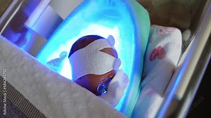 Newborn child with pacifier lies in the crib on ultraviolet lamp. Phototherapy in the maternity hospital. Top view.