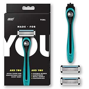 Made For You by BIC Shaving Razor Blades for Every Body - Men & Women, with 2 Cartridge Refills - 5-Blade Razors for a Smooth Close Shave, TEAL, Kit