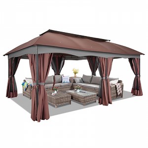 HOTEEL Heavy Duty 12X20 Outdoor Patio Gazebo with Mosquito Netting Curtains,Double-Roof Canopy Tent Gazebo for Parties,Backyards,Gardens,Brown