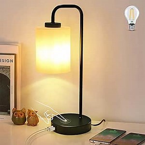 Industrial Touch Table Lamp for Bedrooms - 3-Way Dimmable Nightstand Lamp with USB-C and USB-A Ports, Black Bedside Lamp with Etched Opal Glass Shade, Includes 8W 2700K LED Bulb