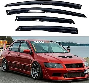 IG Window Visor Compatible with Mitsubishi Lancer 1997-2002, 4PC Rain Guard Tape-On Extra Durable Sun Wind Air Side Vent Window Deflector Mugen Style, 1997 1998 1999 2000 2001 2002