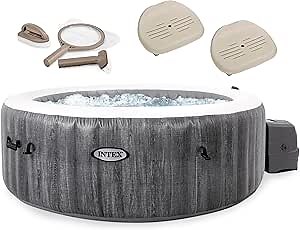 Intex PureSpa Plus Greywood Inflatable Hot Tub Jet Spa with Brush, Skimmer and Scrubber Maintenance Kit and 2 Removable Seat Spa Accessories