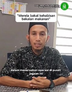 "22 Anak Yatim Bakal kehabisan bekalan makanan". Sure ke lepas tengok video ni kita masih berada dalam tanggapan bahawa anak-anak yatim & asnaf ni tak perlukan bantuan? Sejak 2013, Pusat Jagaan Muhammad Al-Fateh di Kajang menjadi rumah dan tempat berlindung untuk 22 anak yatim & miskin. Di sinilah mereka belajar, membesar dan mencari kasih sayang yang hilang. Namun, untuk kumpul kos bulanan sebanyak RM35,300 semakin berat untuk ditanggung dari makanan, pakaian, bil utiliti & yuran sekolah. Semua