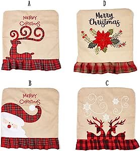 4 pcs Christmas Dining Chair Covers Set,Two elks/One Reindeer/Santa Claus/Flowers Chair Seat Back Covers Protector for Holidays, Home Party, Hotel Decoration
