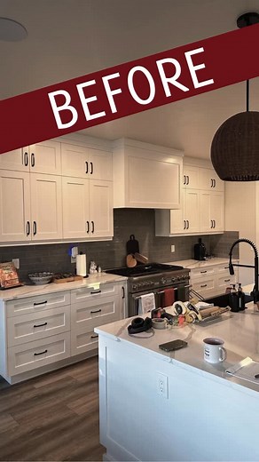 A fresh new look for this Meridian kitchen - we painted the lower cabinets and island in iron or, giving the space a sleek grounded feel against the white uppers. From careful prep and masking to a flawless sprayed furniture grade finish inside our paint bubble, every step was done with precision and care. The result? A rich, timeless contrast that whole kitchen pop! #sprayncoatpainting #cabinetpainting #cabinetrefinishing #meridianidaho #boiseidaho #kitchenmakeover | Spray 'n Coat Painting