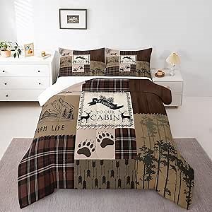 Manfei Patchwork Comforter Set Queen Size, Wild Deer Bear Tree Down Comforter with 2 Pillowcases, Rustic Wooden Plaid Bedding Set 3pcs for Kids Boys Teens Bedroom Decor Lightweight Duvet Insert