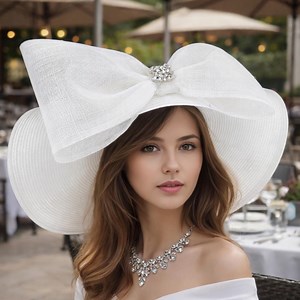 White Kentucky Derby Hat , Extra Large Sinamay Bow With Rhinestone Embellishment, Church, Wedding - Etsy Canada