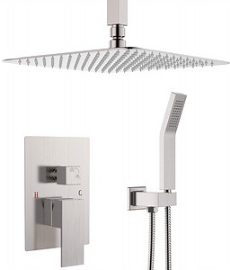 [Hot Item] Ceiling Mounted Shower System-Brushed Nickel, Shower Combo Set with 12 Inches Square Rain Shower Head, Handheld and Shower Faucet Rough-in Mixer Valve and Trim