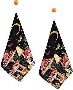 Dish Towels for Kitchen Drying with Hanging Loops,Cute Decorative Hand Towels for Bathroom Kitchen Set of 2,Soft Absorbent Tea Towels-Mushroom Hand Towels