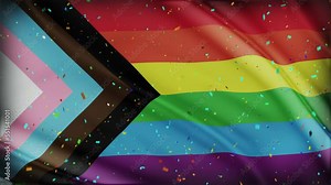 Updated gay progress pride rainbow flag waving in wind with celebration confetti flying. Celebrating a carnival party