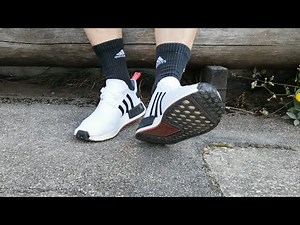 White NMDs with BLACK SOCKS hanging out OUTDOORS