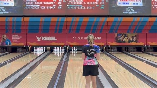 Sabrena Hershey of Gillette, Wyoming, has taken the lead in Diamond All-Events by one pin with a 2,199 total at the 2024 #USBCWomens! Congratulations, Sabrena! Hershey had sets of 784 in team, 709 in doubles and 706 in singles at the National Bowling Stadium to get to the top spot, and this spare conversion and nine count on her fill ball helped secure the lead. | USBC- Women's Championships