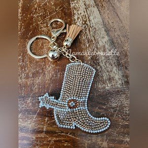 Western Boot Crystal Rhinestone Keychain Bag Charm With Tan Tassel