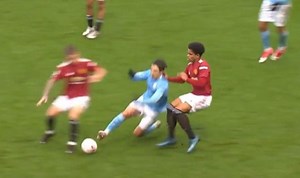 Video: Adrian Bernabe sent off for Man City U23s vs Man United for a nasty looking tackle on Ethan Galbraith