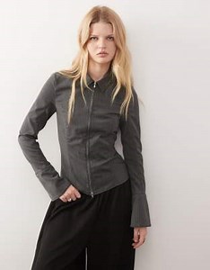Weekday zip up shirt with flare sleeve detail in gray melange herringbone | ASOS