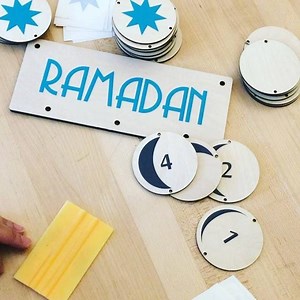Ramadan lunar calendar in the making, teal stars and grey moon...