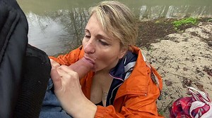 Busty blonde wife sucks then fucks her husband outdoors