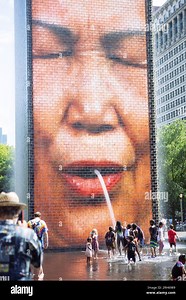 Crown Fountain by Conceptual artist Jaume Plensa interactive video sculpture with black granite reflecting pool, Millennium Park, Chicago, USA Stock Photo - Alamy