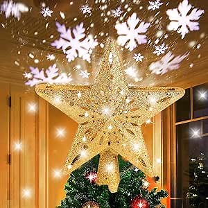 Star Christmas Tree Topper Decorations - Glittering Gold Hollow Tree Topper, Rotating 3D Projector Lamp Design Light White Snowflake for Christmas Tree Ornament Indoor Home Décor by FengRise