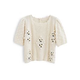 Diamond Pom-Pom Hand Knit Short-Sleeve Top in Cream